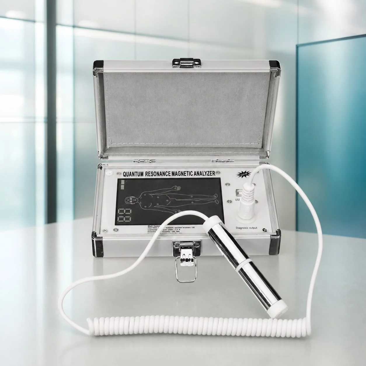 تصویر واقعی دستگاه Quantum Analyzer مجموعه همتا راعی با حسگر دستی و کیف دستگاه